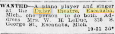 Lyric Theatre - NOV 1 1910 PIANO PLAYER WANTED